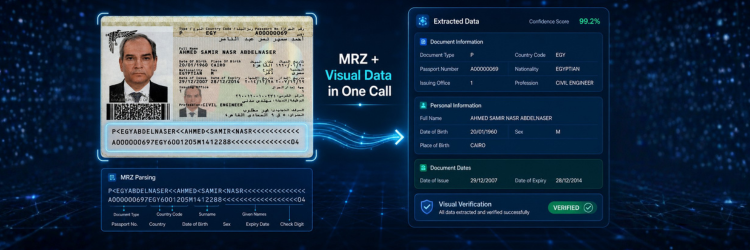 Egyptian passport data page showing the visual inspection zone above and the MRZ machine-readable zone at the bottom